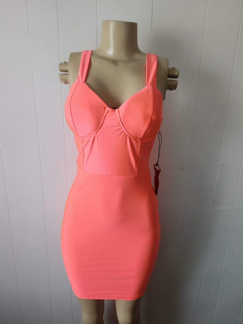 Neon Coral Bodycon Dress - Size Small
